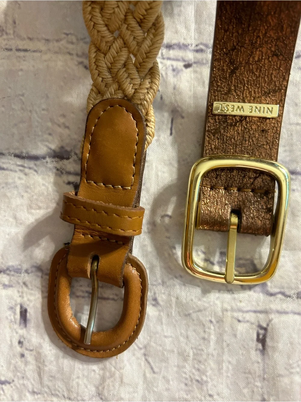 NINE WEST METALLIC COPPER BRONZE VEGAN & VTG BROWN WITH NATURAL WOVEN BELTS